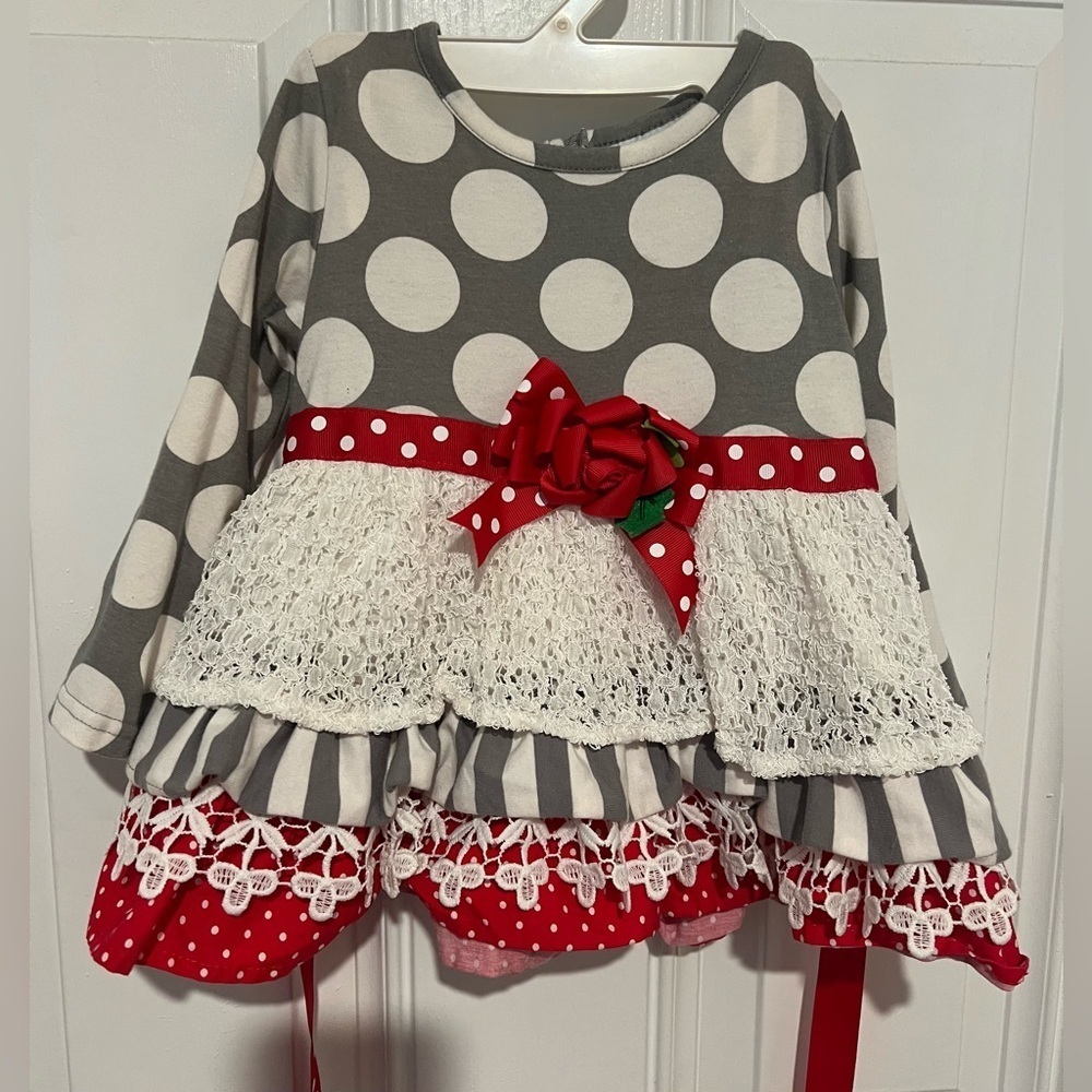 Counting Daisies Girls Mixed Print Tiered Ruffle Polka Dot Lace Dress Sz 24 mos